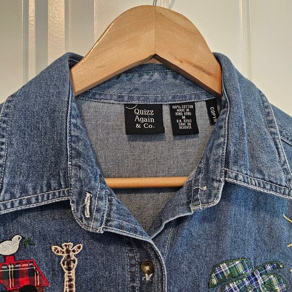 Vintage Noah's Ark Denim Blouse Women Medium 90s Button Animals Christian Bible - Picture 4 of 8